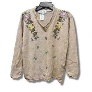 Jantzen Petite Women's L Vintage Floral Hand-Embroidered Sweater